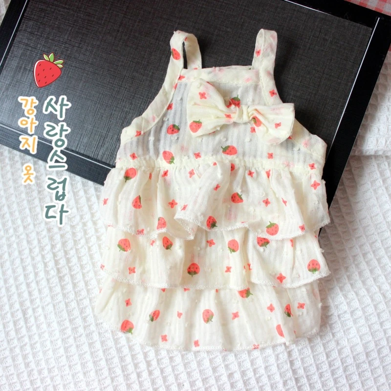 Light Pink Summer Fancy Dresses Strawberry Print Princess Bow Tie Tiered Skirt Vest Overalls Female New Puppy Clothing for Cats