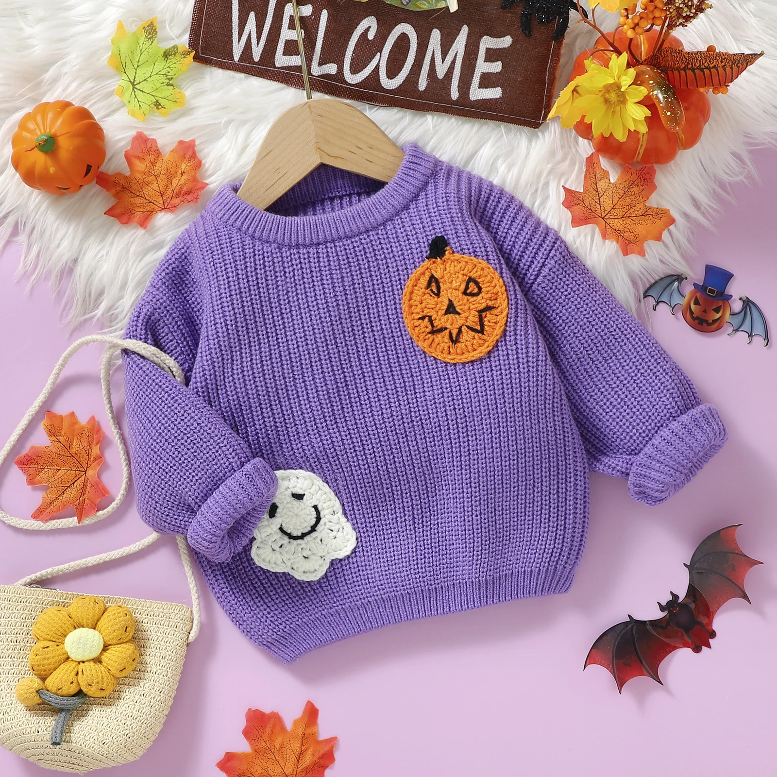 Baby Halloween Sweater, Long Sleeve Crew Neck Ghost Pumpkin Winter Warm Knit Pullover Sweater Infant Clothes for Girls Boys