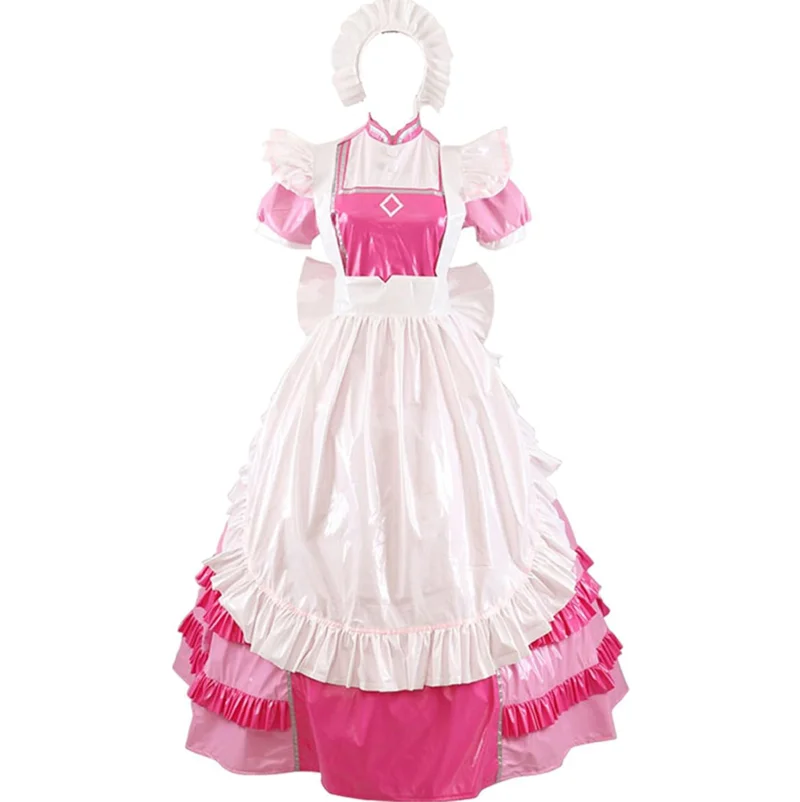 

French Sexy Adult Custom Fetish Cross Dressing Sissy Pink PVC Short Sleeved Long Dress with Independent Cross Over Apron at The