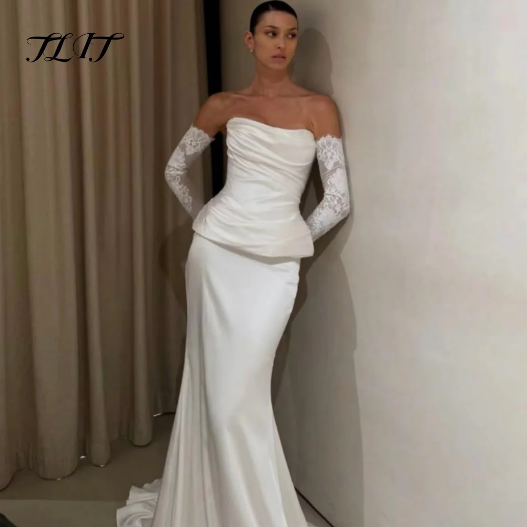 

TLIT Classic Mermaid Wedding Dress Strapless Remove Full Lace Sleeves Tiered Ivory Satin Bridal Gown Customized robe de mariée