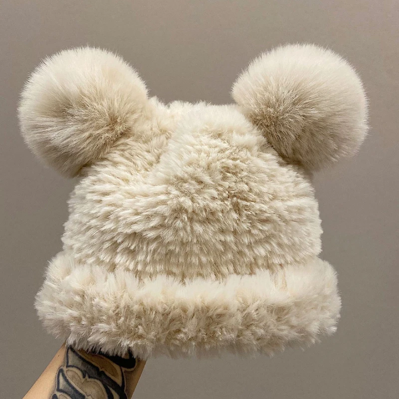 

Sweet Korean Style Bear Faux Fur Plush Hat Warm Comfortable Winter Fluffy Knit Cap Women