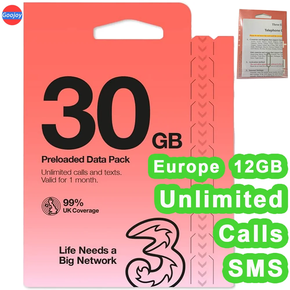 European 5G Unlimited Call & SMS，UK 10/30/100GB Data (Europe 12GB Data)，UK Phone Number，Can Top Up Yourself，UK Three Sim Card.