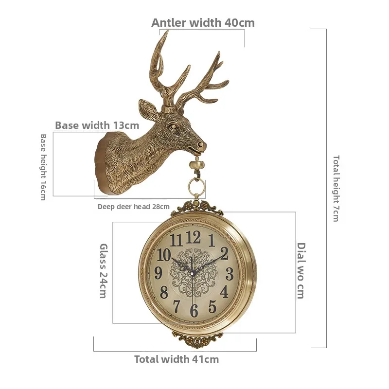 Retro Deer Head Double-Sided Hanging Clock Metal Dial And Mirrored Glass Clock Artistic Decoration In Guest Rooms Clock Watch