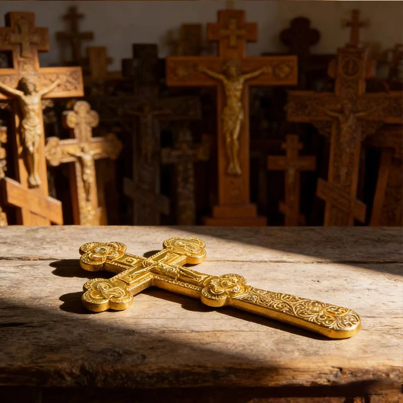 HTISOK Neues Elegantes Goldfarbenes Orthodoxes Handkreuz mit Blumengravuren für Gottesdienste und Persönlichen Spirituellen Schutz – Detail 12