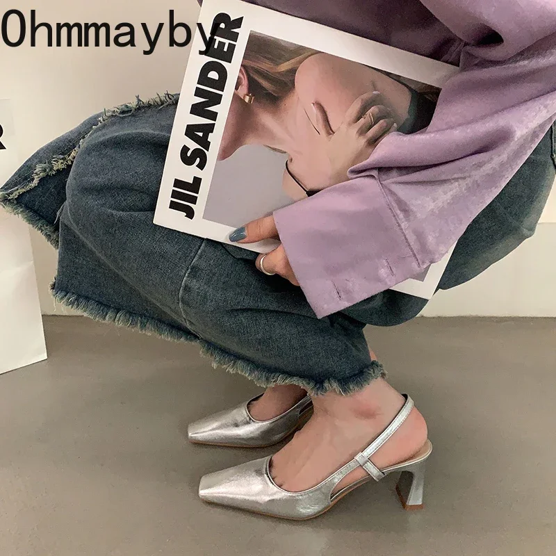 Designer Summer Silvery Women Sandals Fashion Shallow Singbacks Slip On Shoes Ladies Outdoor Party Dress High Heel Sandalias