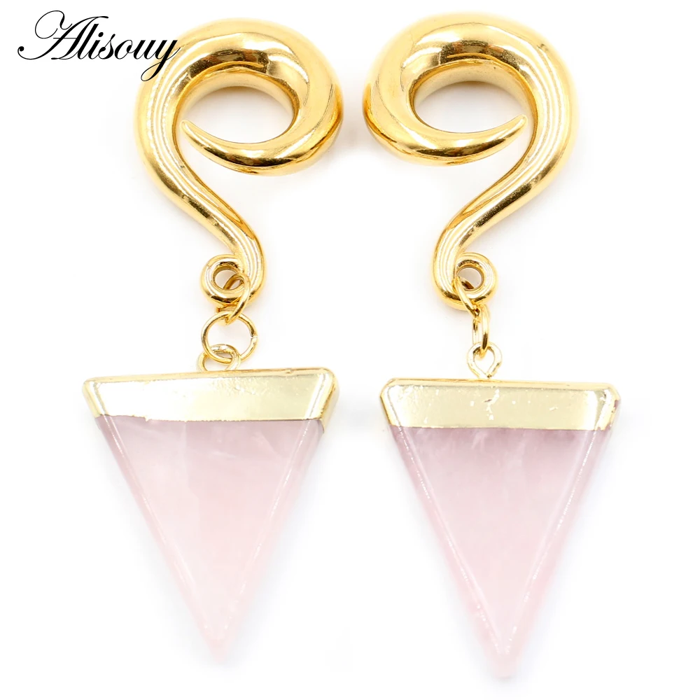 Alisouy 2pcs Stainless Steel Ear Weight Spiral Hook Oval Stone Dangle Ear Plug Tunnels Expander Stretchers Piercing Body Jewelry