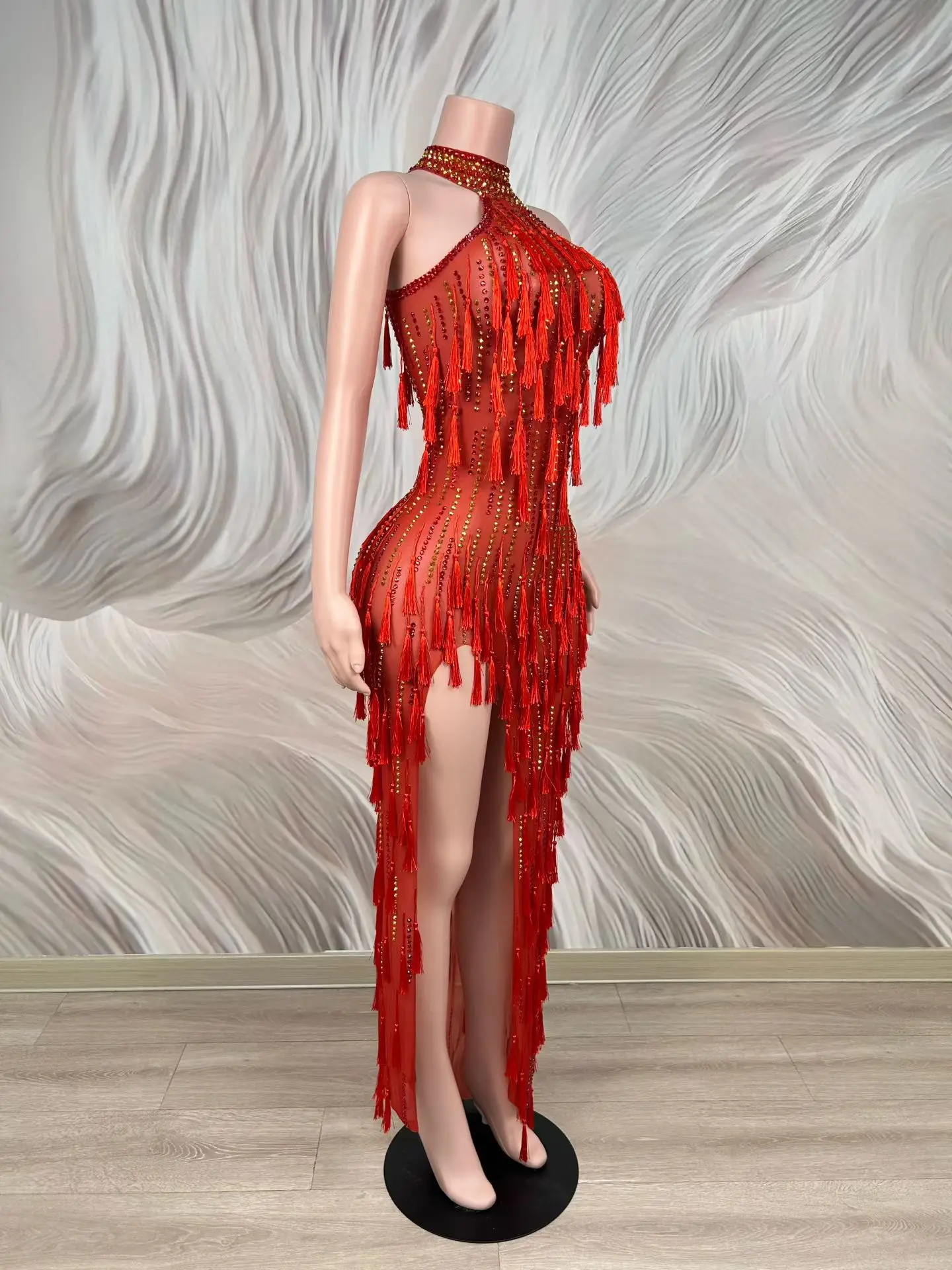Dufu Halter Neck Red Tassel Fringe Maxi Dress Sheer Mesh Rhinestone High Slit Long Latin Dance Evening Party Gown For Women