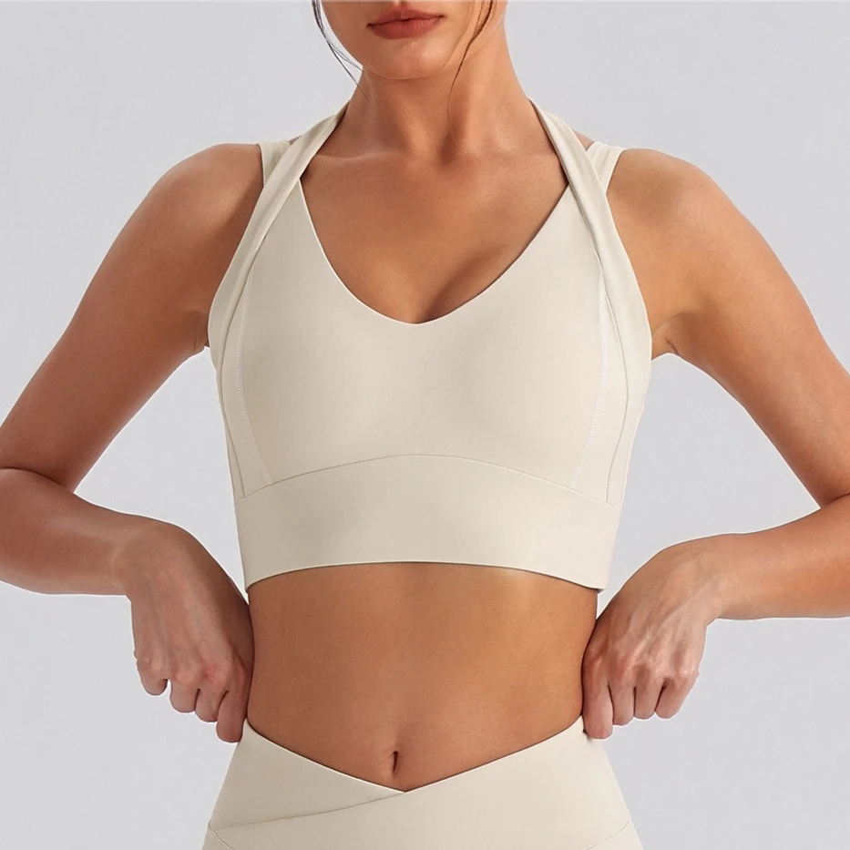 Halter Cross Back Sports Bra Women Deep V Neck High Elastic Yoga Crop Top Medium Support Gym Running Yoga Bra Workout Top 2026