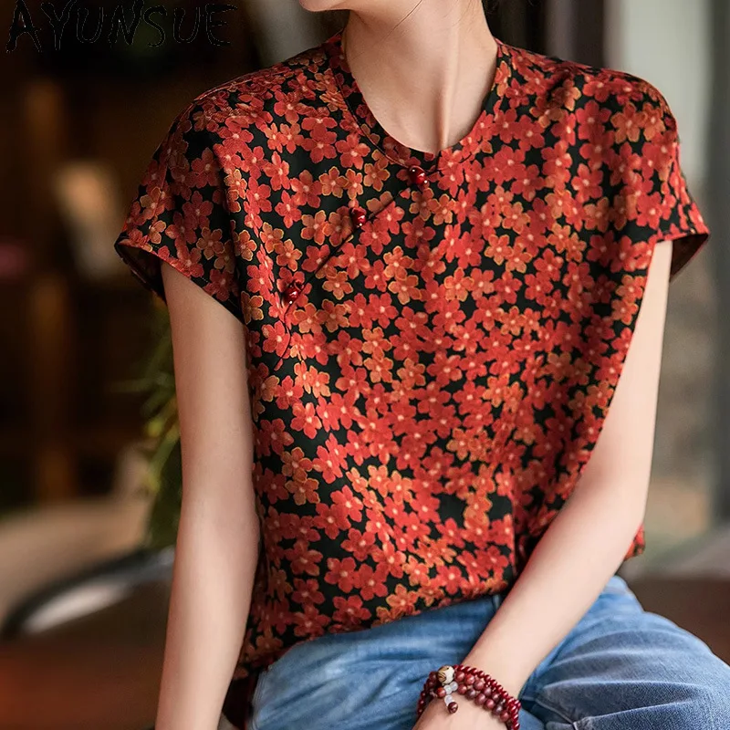 AYUNSUE High-end Mulberry Silk Women T Shirts Chinese Style Tops for Woman Floral Red Shirt Woman Clothes High Quality Футболка