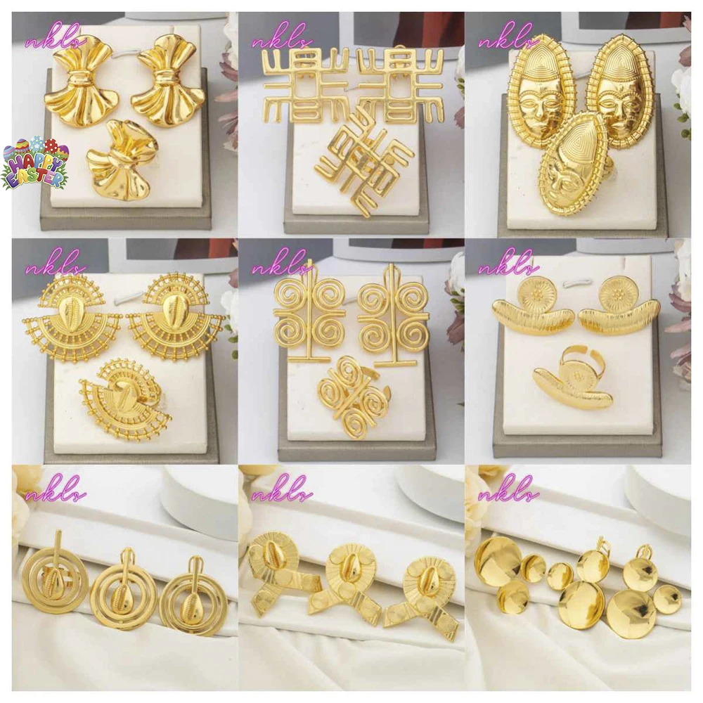 2pcs Set Gold Color Jewelry Earrings Rings Set for Women Party Wedding Irregular Tassel Earrings Multicolour Ring Gifts