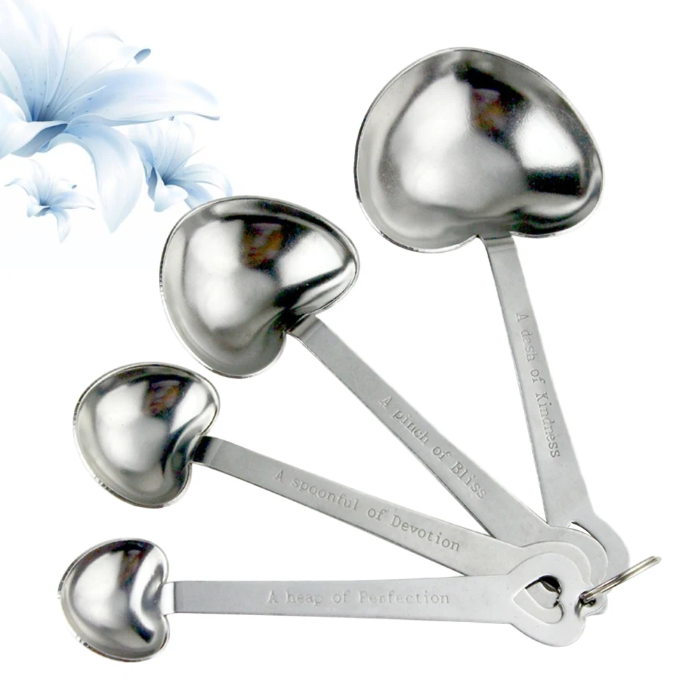 

4pcs Stainless Steel Measuring Spoons Set Heart Shape Kitchen Tools For Baking Coffee Spice Powder Stackable Storage Rustproof