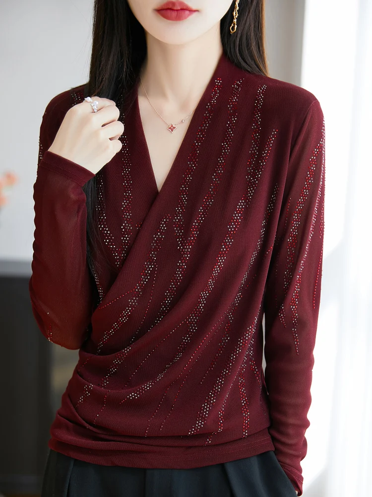 

Beading T Shirt Women Pullovers 2025 Spring Summer Clothes For Women Mesh Tees Top Long Sleeve Mesh Women's T-shirt