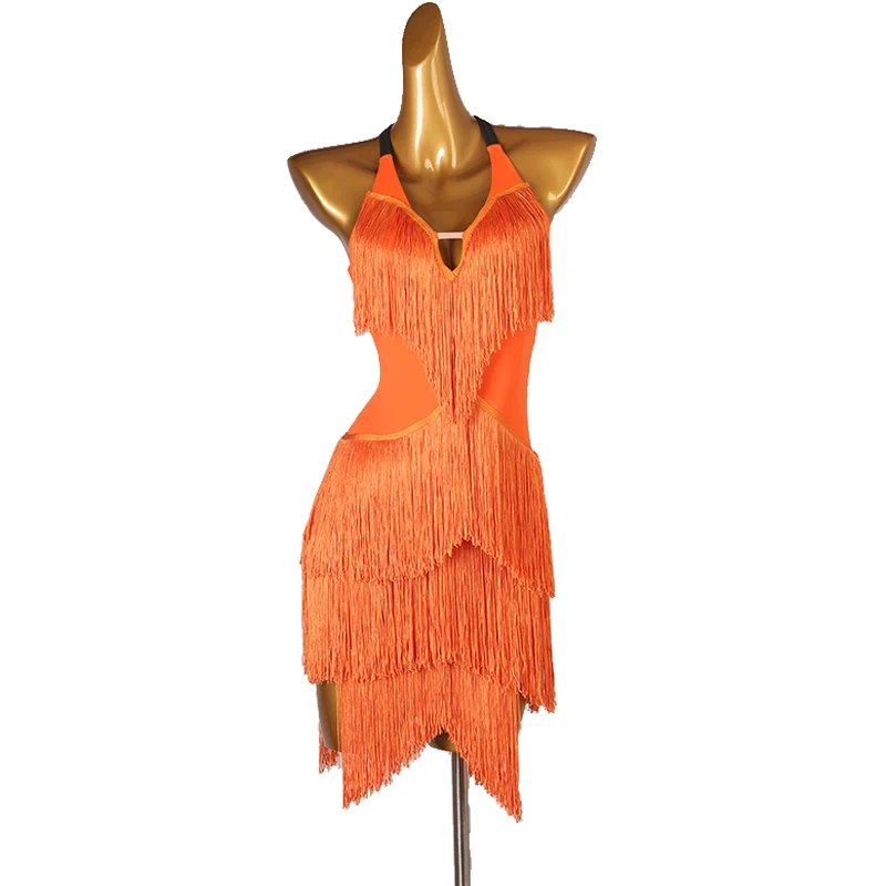 Luxury Latin Dance Dresses Performance Costumes Sexy V-neck orange Tassel Dress For Women Girls Stage Competiton Clothing