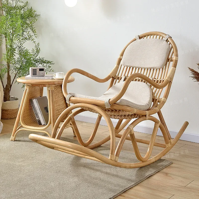 Natural Agate Rattan Rocking Chair with Pedal Simple Handmade Casual Home Balcony Sofa Chair Real Rattan Furniture