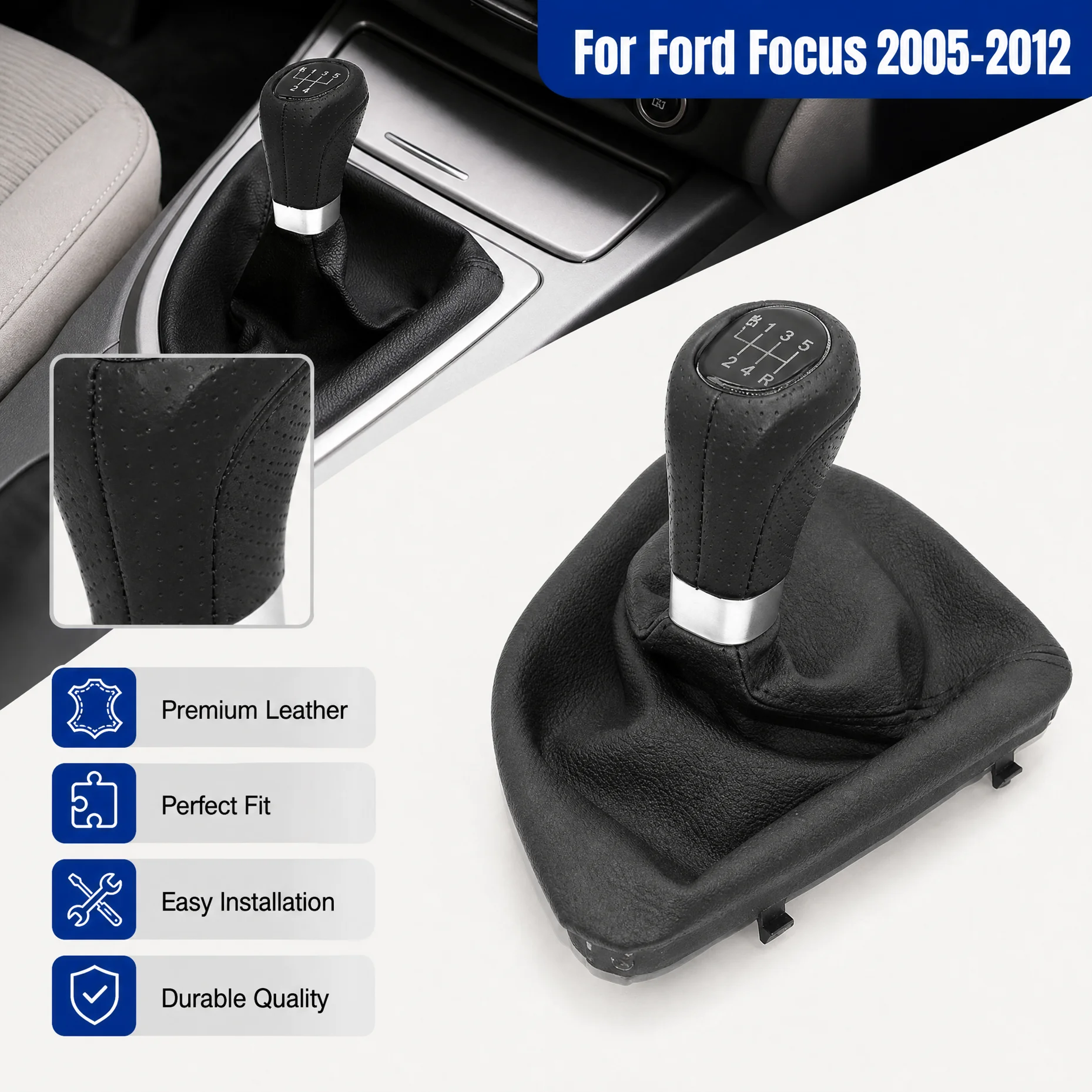 Für BMW 1er Serie E81 E82 E87 E88, LHD perforierter Leder-Schaltknauf-Manschetten-Kit, Schaltknauf-Abdeckung für Schaltgetriebe, Innenraum-Ersatzset, langlebiges, verschleißfestes
