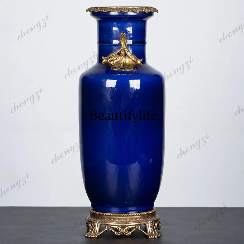 Binaural copper pomegranate mallet vase copper inlaid ceramics high-end sense vase light luxury ornament
