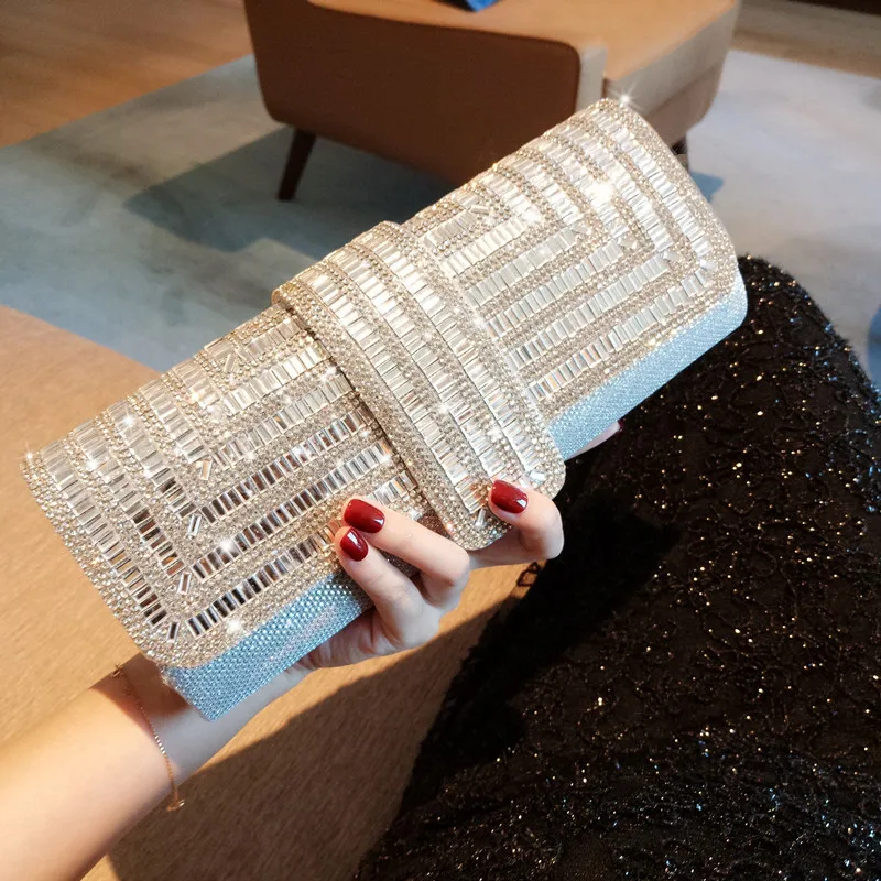 Bolso de mano de lujo con diseño de diamantes de imitación y purpurina para mujer, bolso de noche con cadena, vestido de banquete nupcial, 2023