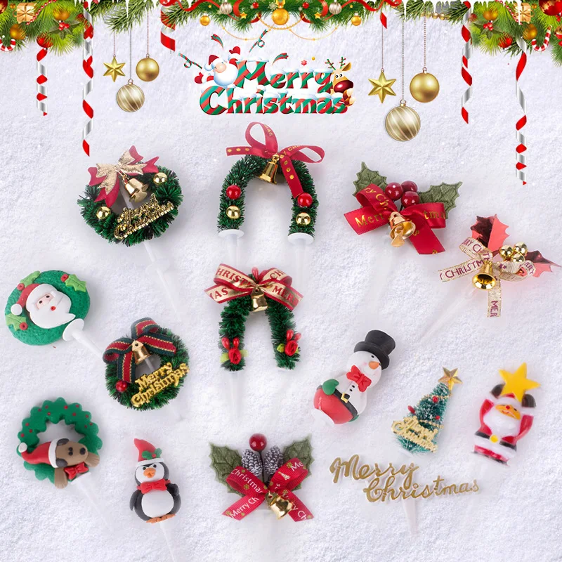 2023 Christmas Birthday Cake Topper Decoration Leaf Wreath Snowman Cartoon Cake Toppers for Home Xmas Party Gift Baking Supplies