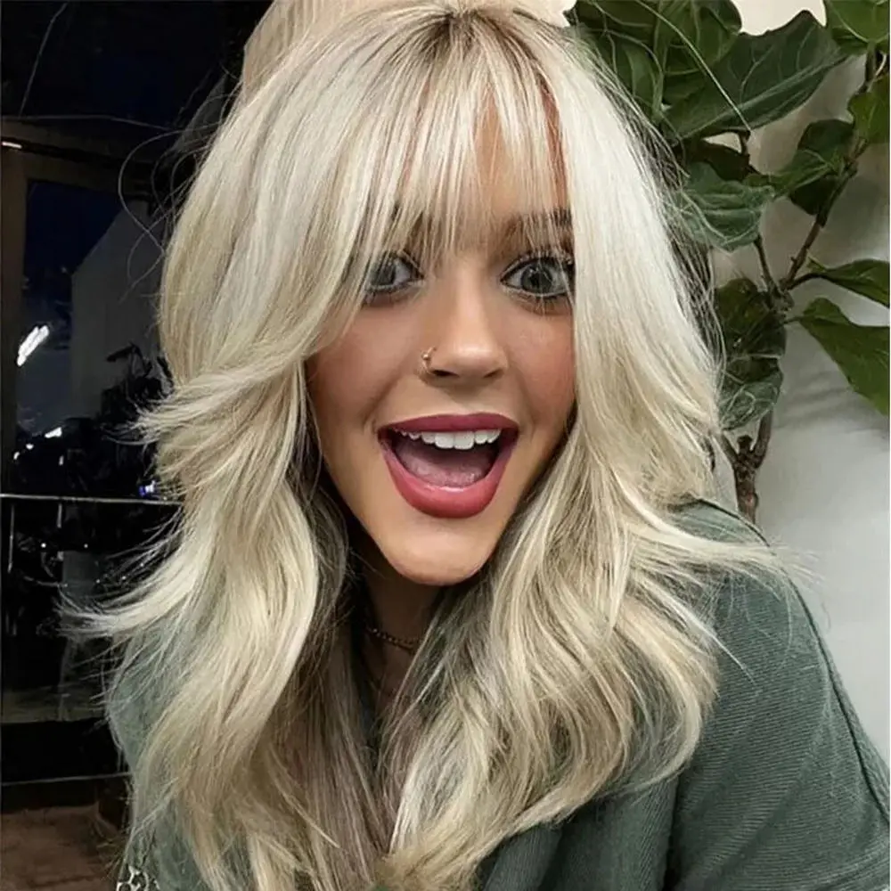 Women's Wig Fashion Synthetic Layer Hair Wigs With Bangs Rooted Warm Light Blonde HD Lace Front Wig High Heat Fibre Wear&Go