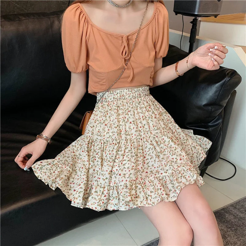 Skirts Women Vintage Floral Summer New Korean Style Ruffles Sweet Elastic Waist Aesthetic All-match Empire A-line Mini Clothing