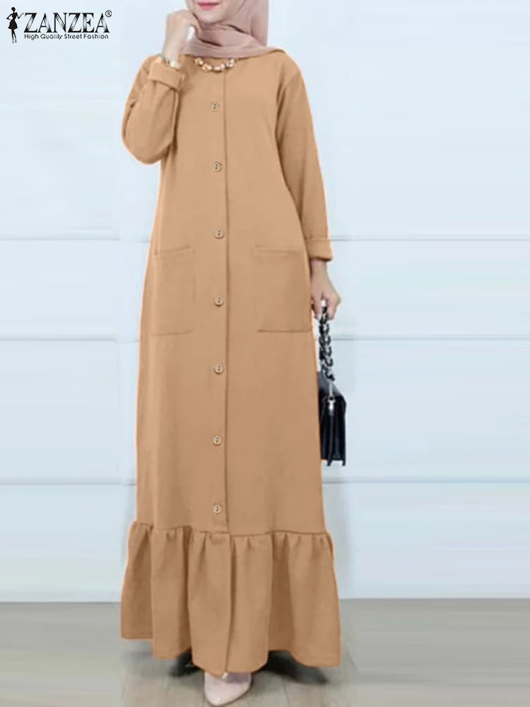

ZANZEA Women Fashion Long Dress Muslim Abaya Robe Casual Long Sleeve O Neck Maxi Sundress Hijab Vestidos Islam Clothing Oversize