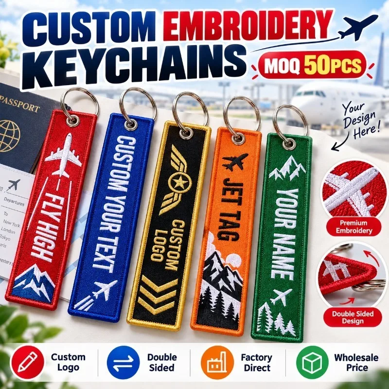 Custom Embroidery Keychains Personalized Logo Flight Tag Keyrings Custom Double Sided Remove Before Flight Key Tags Supplier