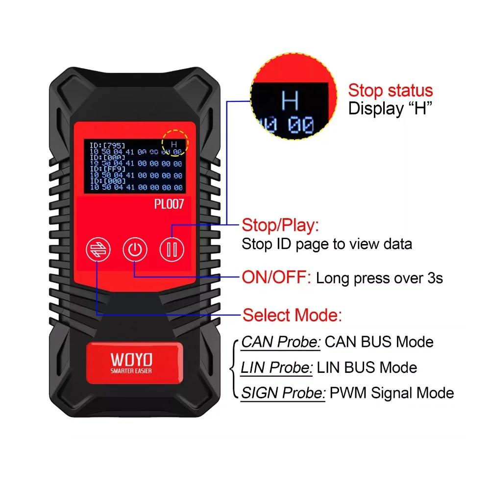 WOYO PL007 CAN LIN PWM Tester, Auto-recognize CAN-H & CAN-L, Read Baud Rate, For Automotive Diagnostic Tool