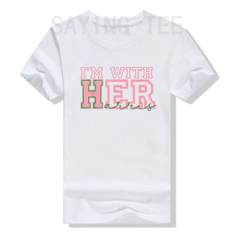 

I'm with Her Kamala Vote for 2024 President Kamala-Harris T-Shirt Women's Fashion Letters Print Saying Campaign Tee Novelty Tops