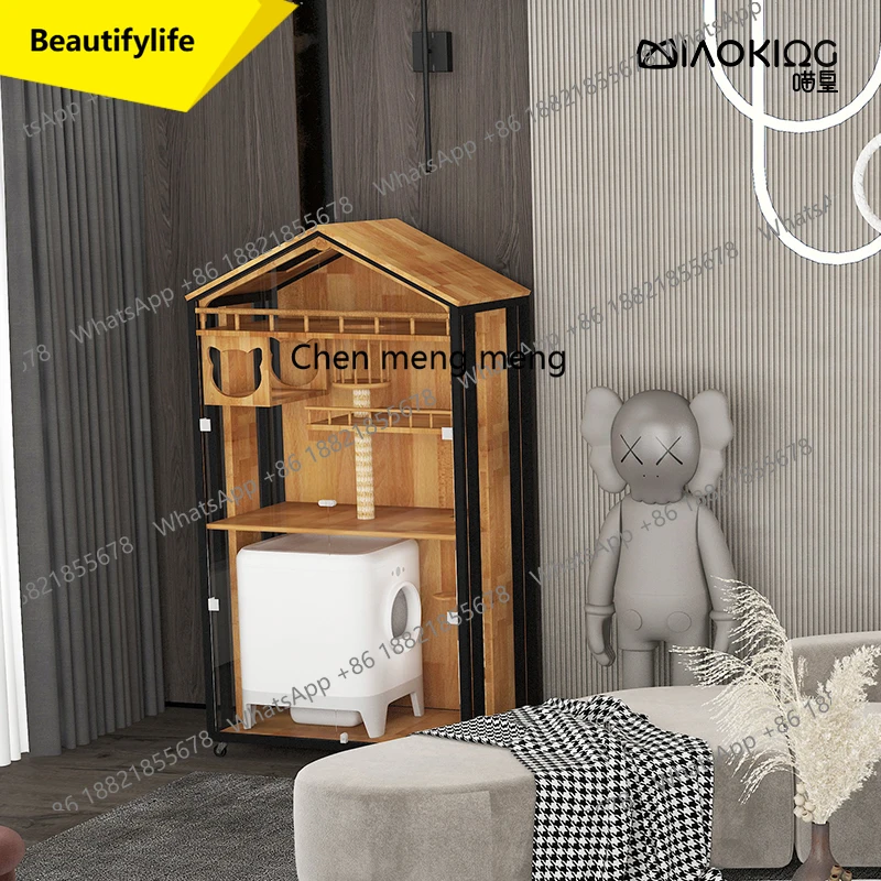 

01A Cat villa large space with toilet integrated can put automatic cat litter box solid wood household cat house