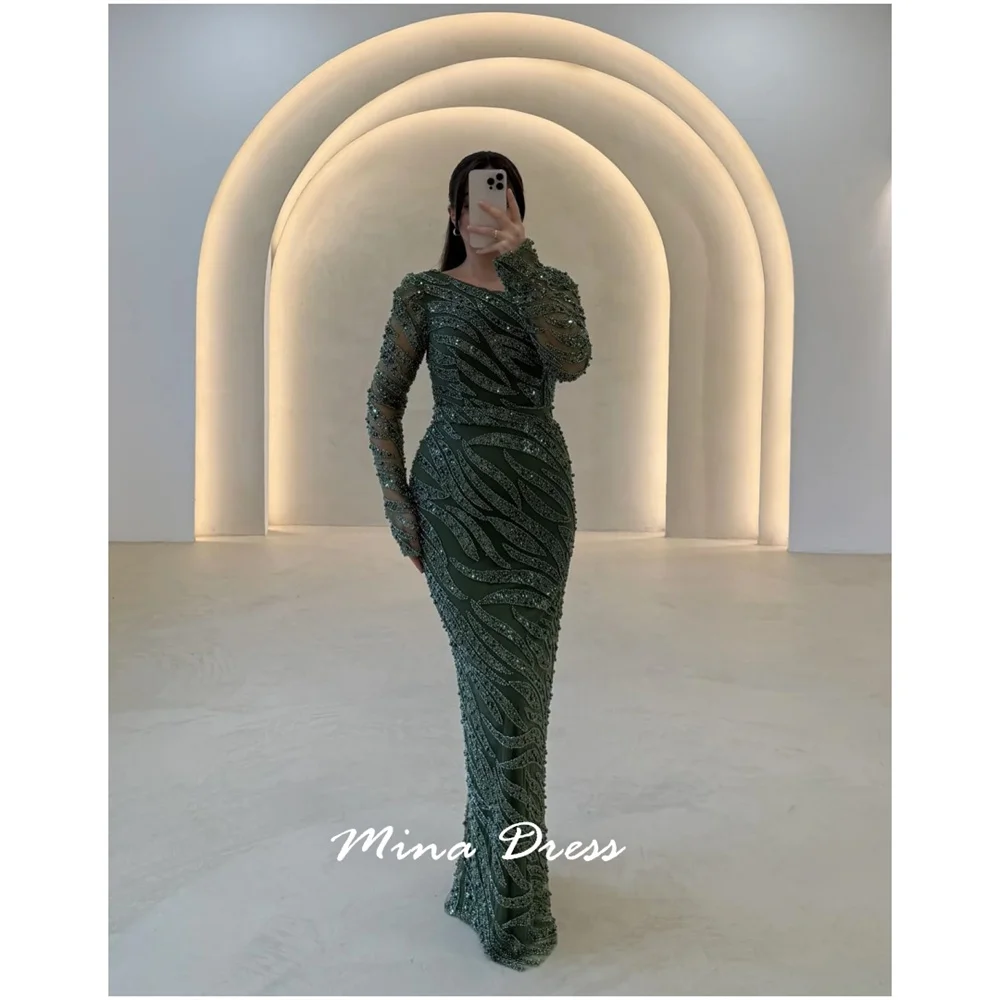 

Mina Customized Beads Arabic Evening Dress Luxury Evening Dresses 2025 Sequins. Long Sleeves Round Collar Elegant Party Dress