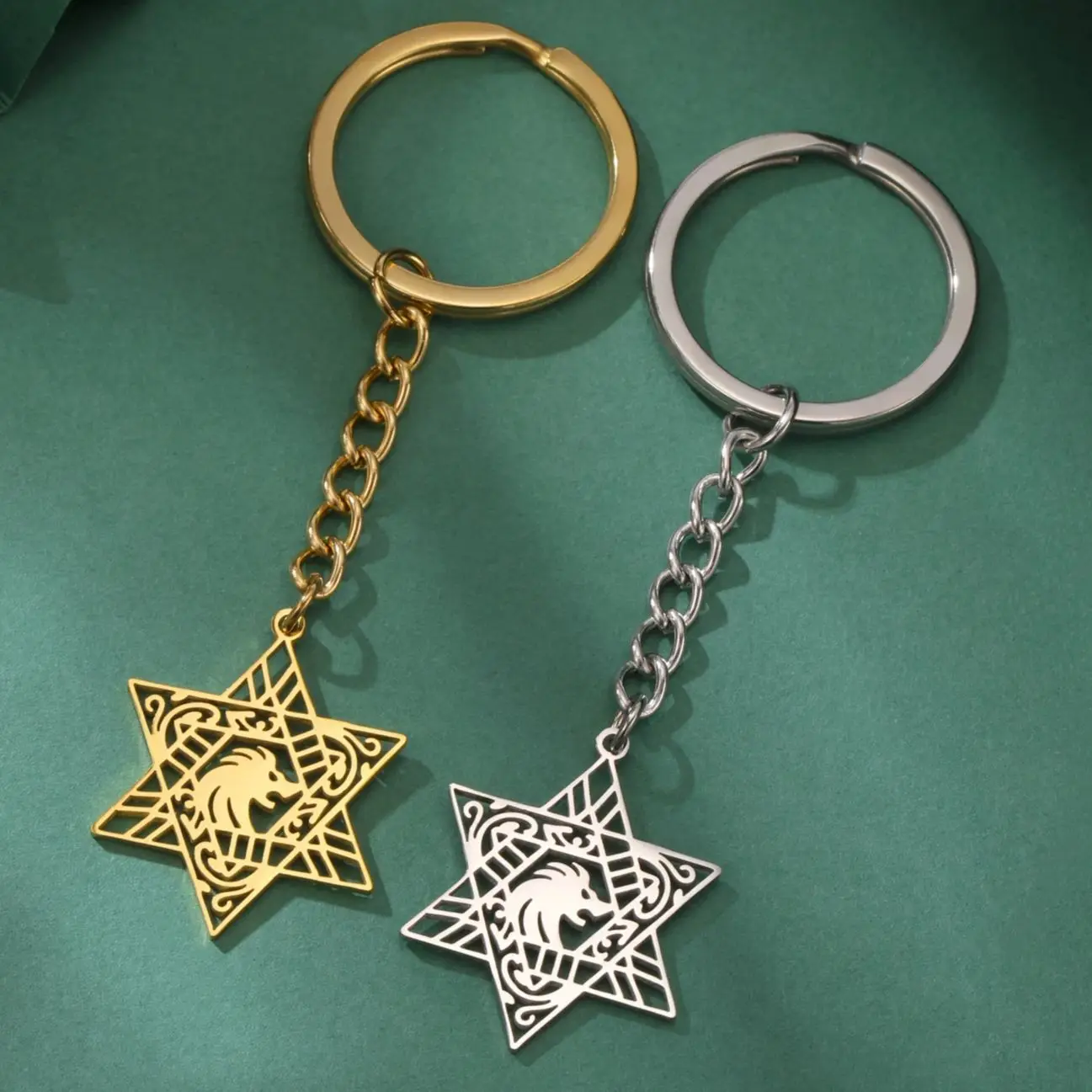 LIKGREAT Trend Star of David Keychain Stainless Steel Animal lion hollow Pendant Keyring Jewish Judaism Hexagram Amulet Jewelry