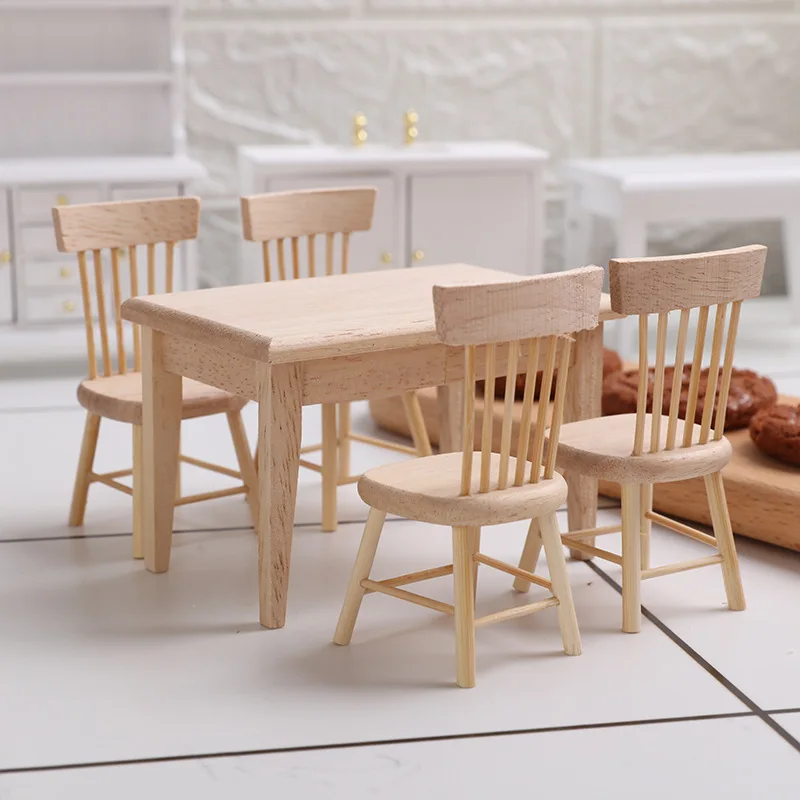 1: 12 Oak Dining Table Chairs Dollhouse Miniature Model Mini Food Toy Dollhouse Accessories DIY