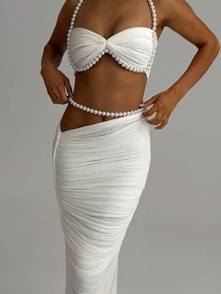 Pearl Sexy Two Piece Set Women Elegant Halter Strapless Crop Tops And Maxi Skirt Sets Ruched Club Party Dress Set