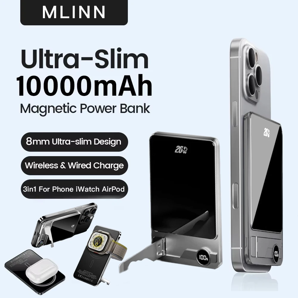 MagSafe 용 10000mAh 울트라 슬림 보조베터리, iPhone 자기 무선 20W 고속 충전 휴대용 배터리 Samsung Xiaomi iWatch