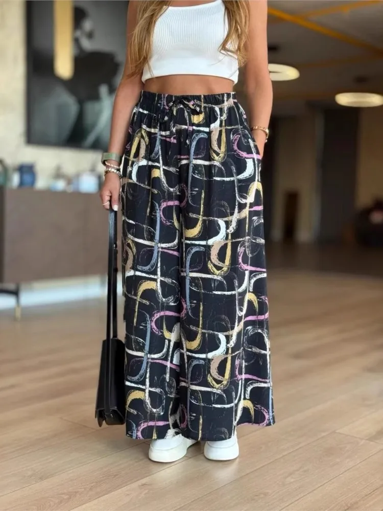 New Summer Casual Women's Trousers Fashion Loose Print Elegant Holiday Casual Pant Office Sports Beach Wide-leg Pants 2025