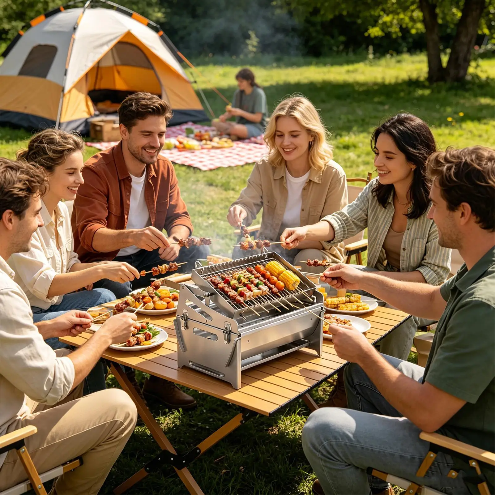 Portable Charcoal Grill 360-Degree Rotation Stainless Steel Grilling Tool Charcoal Stove Grill For Camping Picnic Garden BBQ