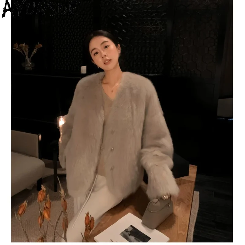 AYUNSUE Natural Tuscan Shearling Jacket Woman Korean Fashion V-neck Real Fur Jackets Warm Winter Coats Woman Clothes Casaco Pelo