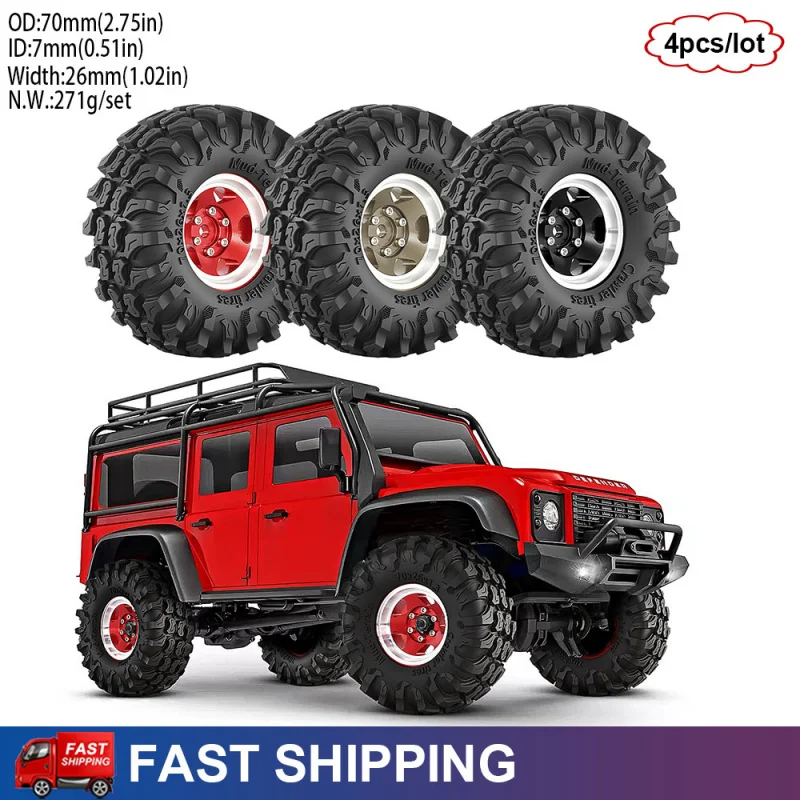 4PCS 1.3'' Metal Beadlock Wheels and Tires 7mm Hex for 1/18 1/24 TRX4M SCX24 AX24 FCX18 FCX24 RC Crawler Car Upgrade Parts
