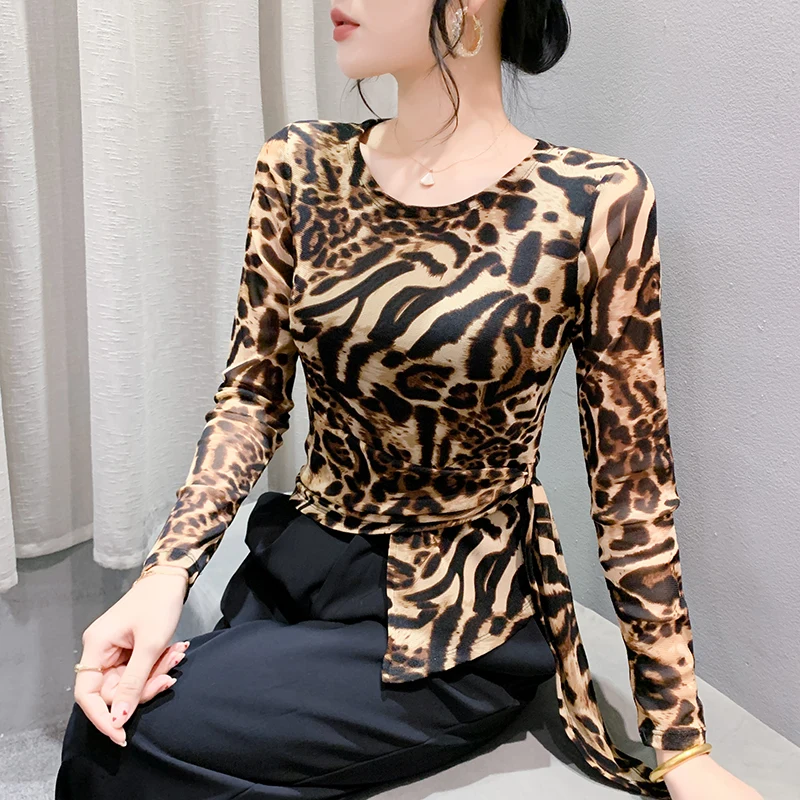 Faionable Leopard Print Base irt Herenherfstkleding Europese Sle Irregular Lace Long Sve Slim Fit T-irt