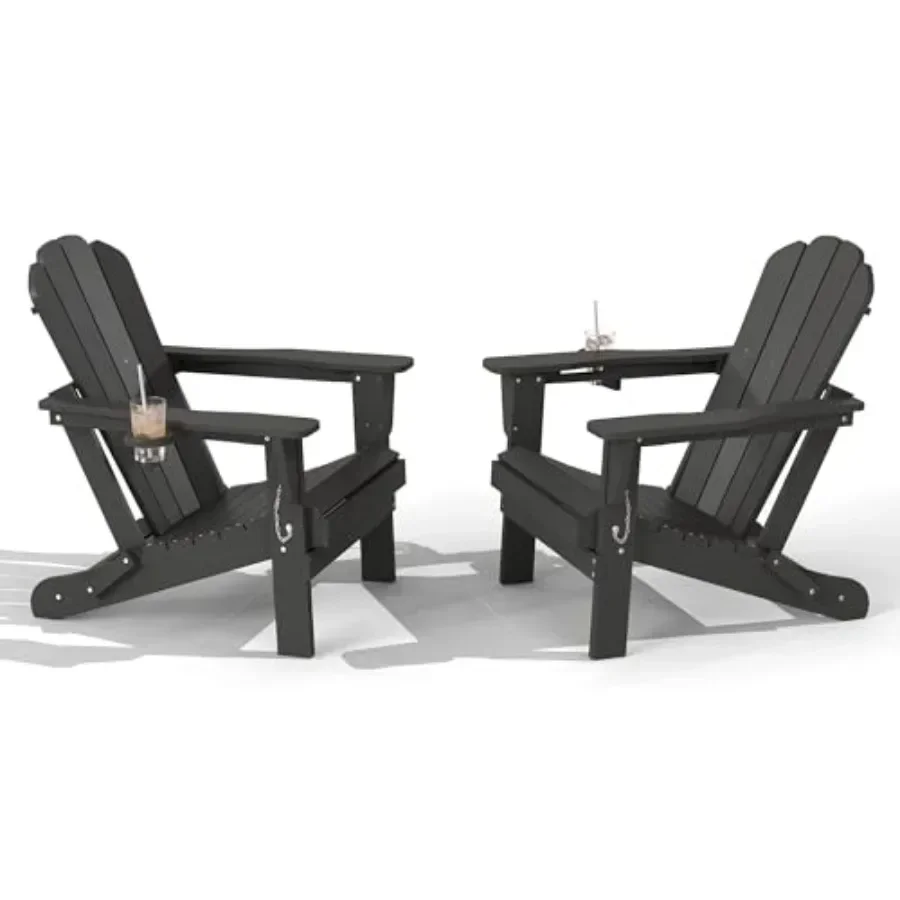 Outdoor HDPE Adirondack Chair Set of 2, wood-texture white plastic folding fire pit chairs with cup holder for poolside, patio,