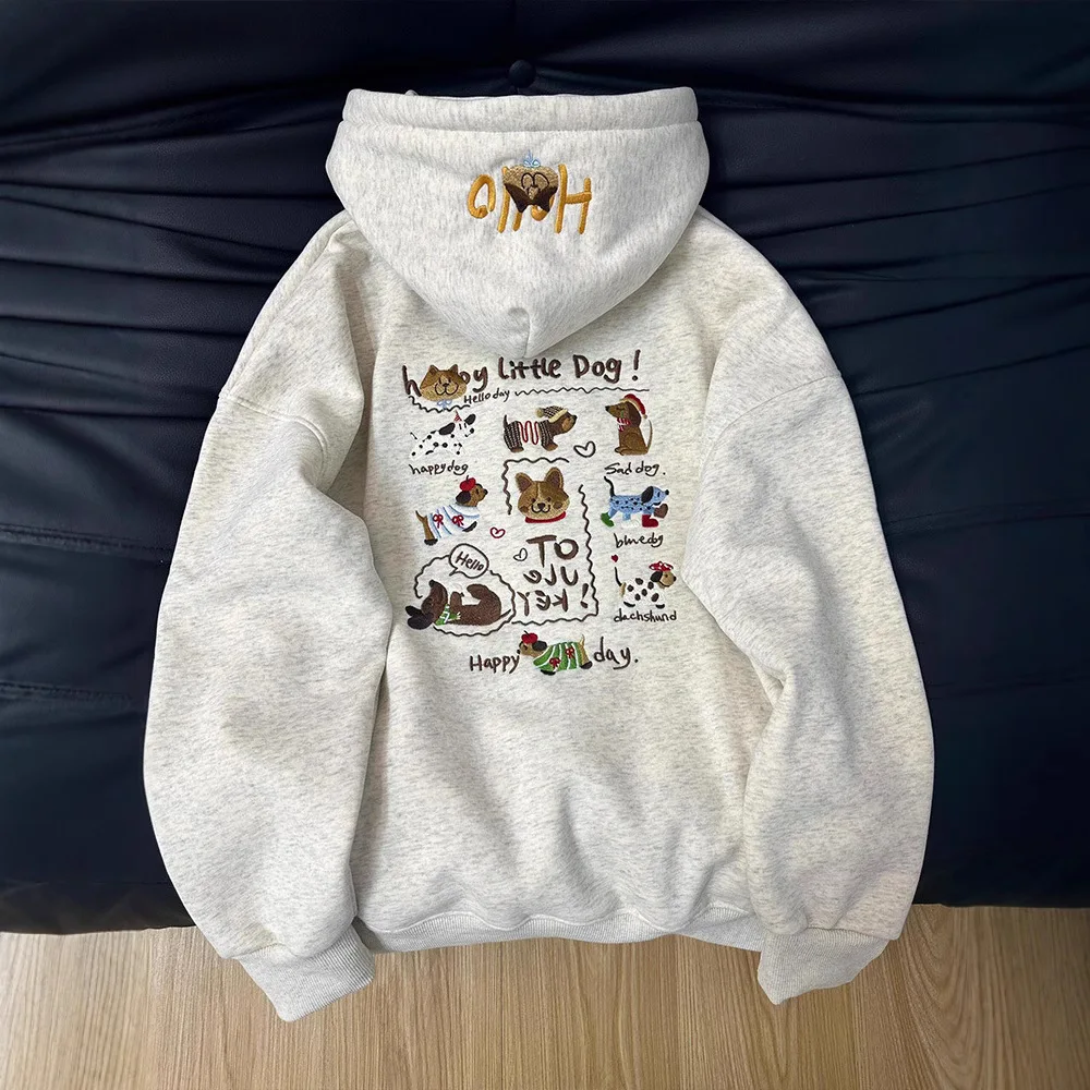 French cute dachshund puppy print hooded sweater women's autumn and winter plus velvet high sense niche casual loose coat