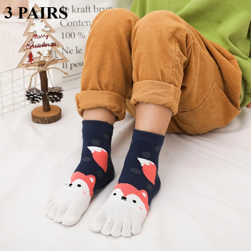 3 Pairs Cute Cartoon Kids Socks High Quality Cotton Toe Socks Girls Boys Dog Fox Five Finger Socks 3-12y