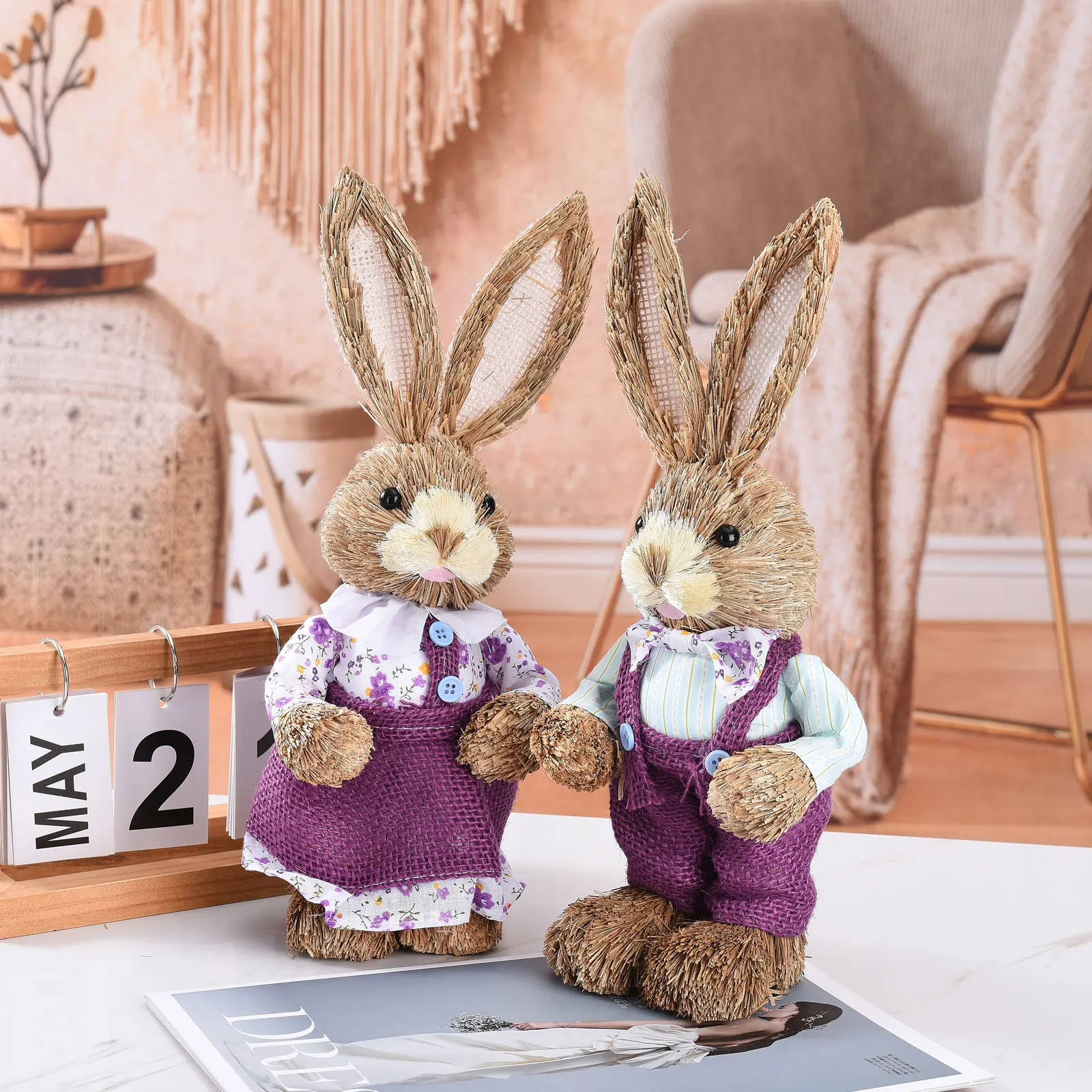 Easter Bunny Doll Straw Standing Rabbits Decoration Outdoor Shooting Window Wedding Props Creative 35cm Foam 2pcs Cute Ornament