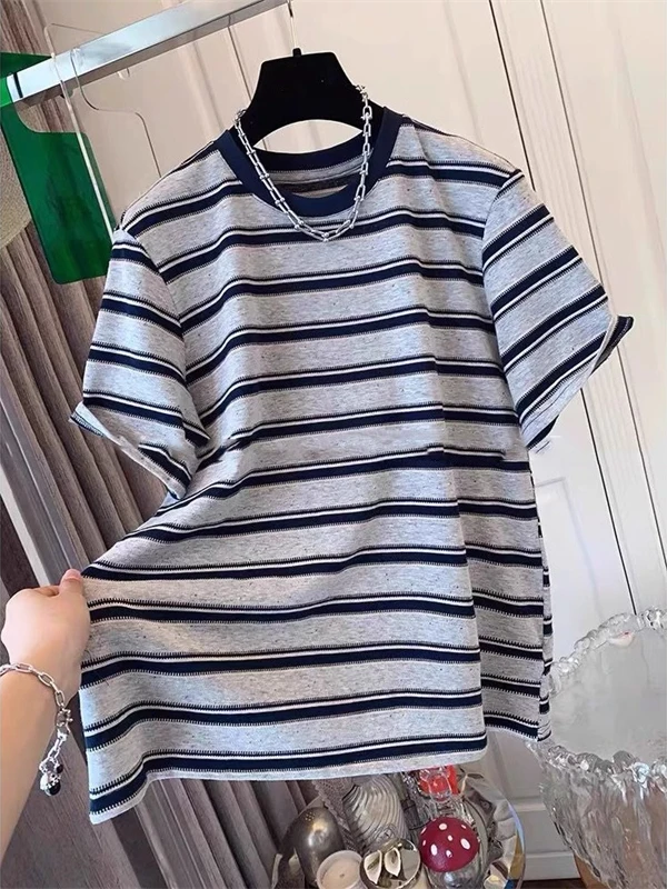 

Retro And Fashionable Korean Striped Color Block Short Sleeve T Shirt Women Summer Loose Casual Loose Feeling Top
