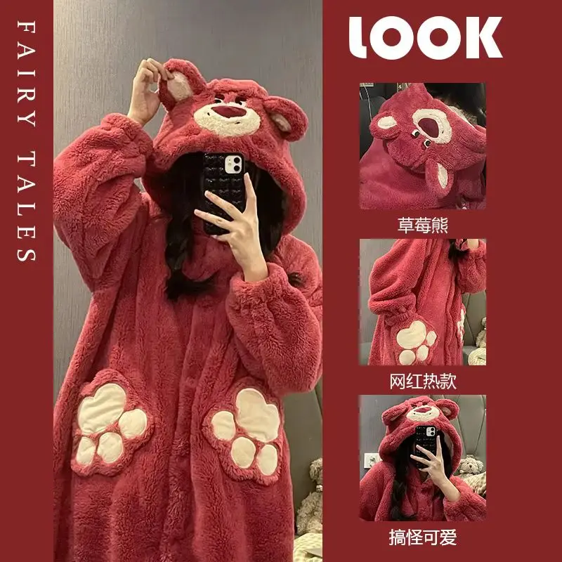 Disney 2024 New Cartoon Strawberry Bear Sleepwear Women'S Winter Coral Velvet Thickened Cute Robe Wear Warm Home Clothes