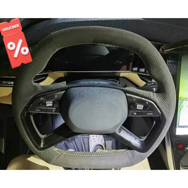 

Custom Hand-stitched Black Suede Leather Car Steering Wheel Cover For Geely Boyue Cool Boyue L 2022-2025 Double D Auto Interior