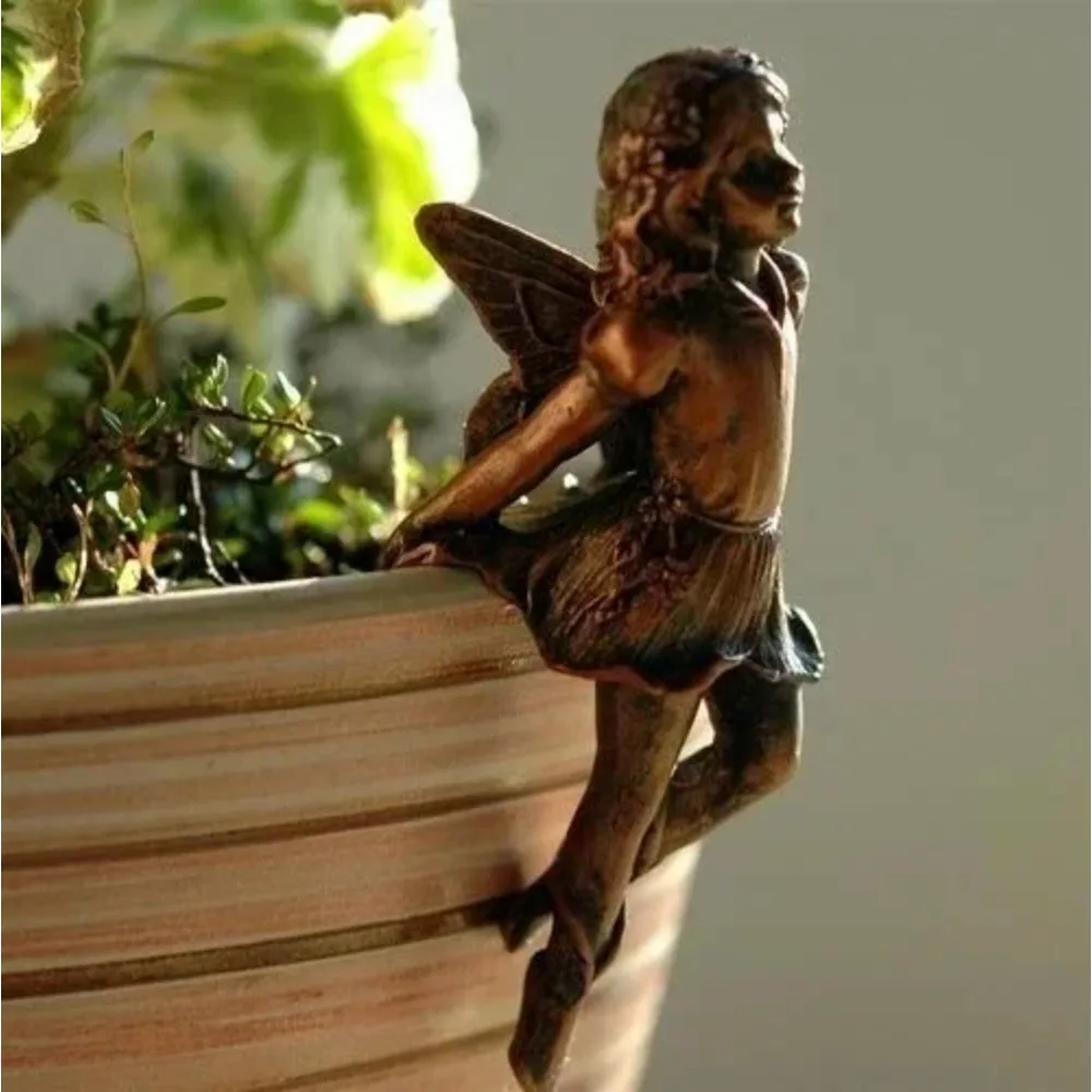 1pc Angel Girl Hanging Cup Resin Decoration Fairy Combination Flower Basket Edge Decoration Garden Design Fairy Pot Huggers