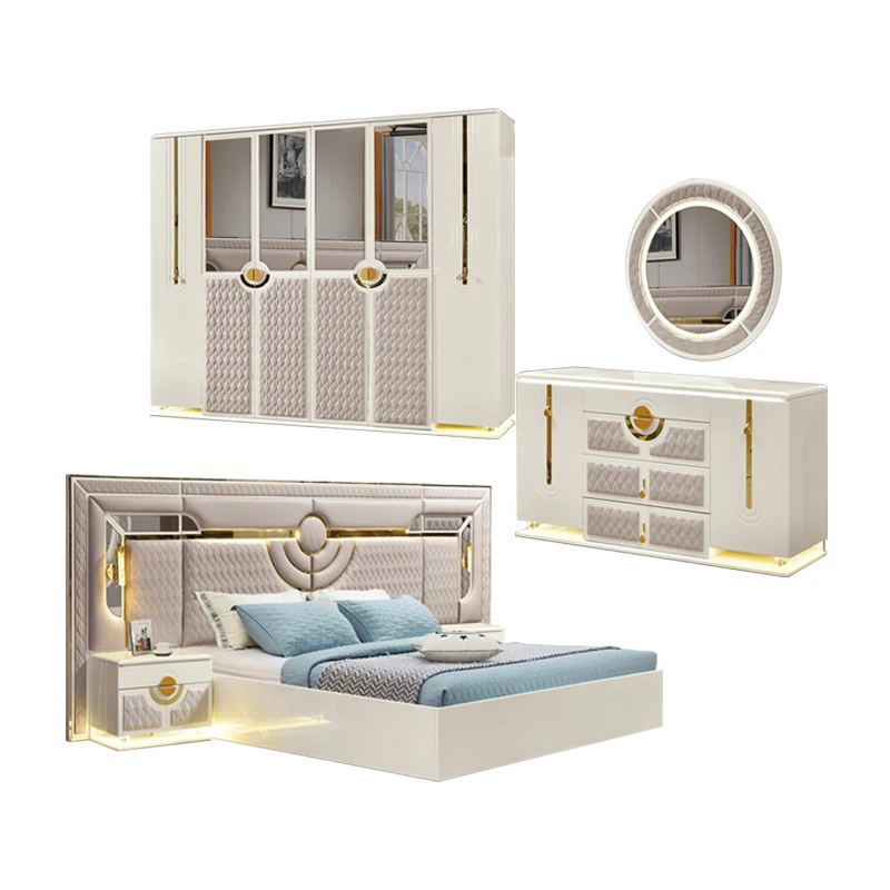 &Mirrored Bed Furniture Set Full Size Wooden Beds King Luxury Classic Royale Modern Bedroom