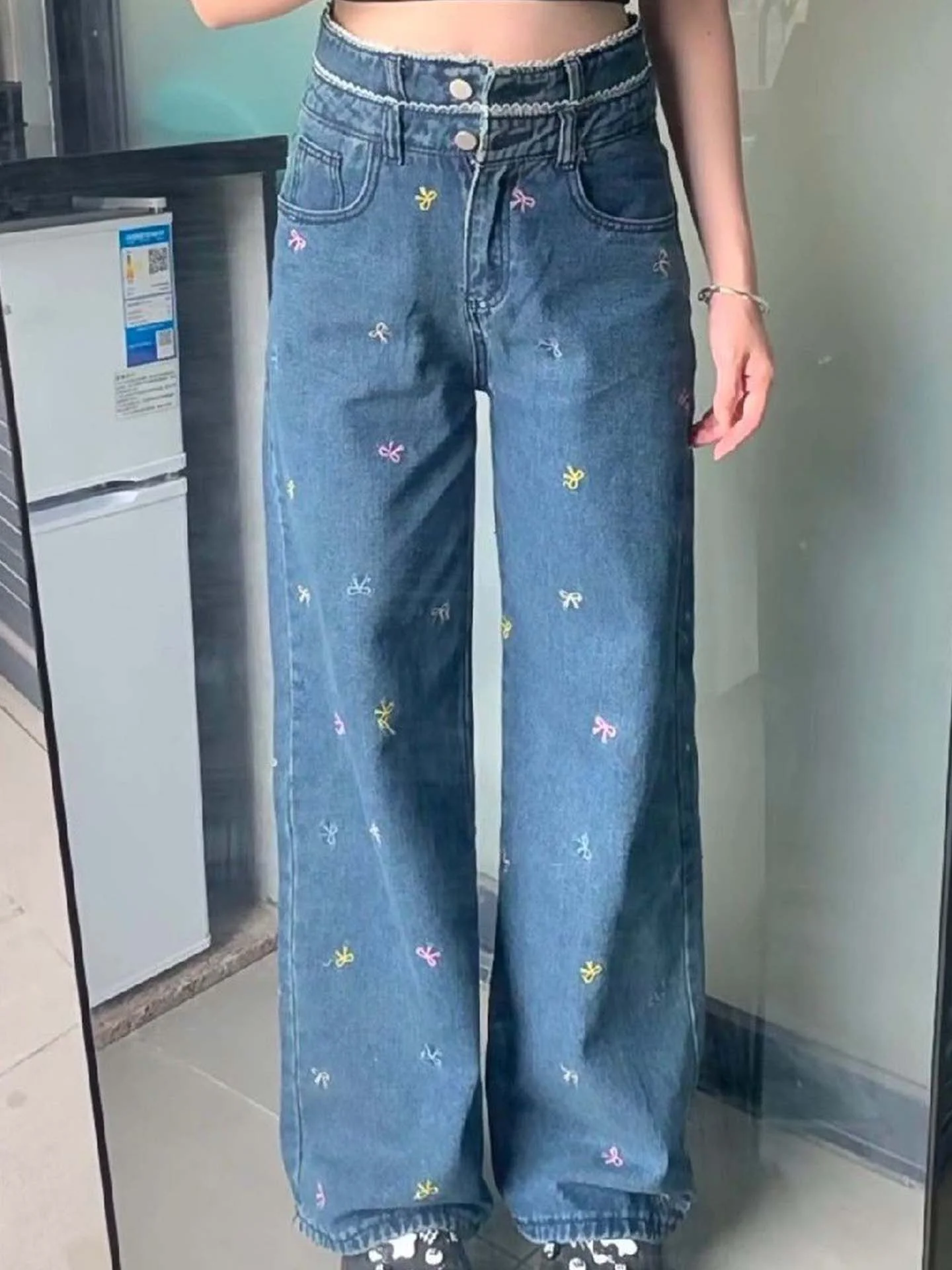 High Waist Wide Leg Denim Jeans Women's Straight Cut Embroidered  Knot Autumn Sweet High Waist Long Pants