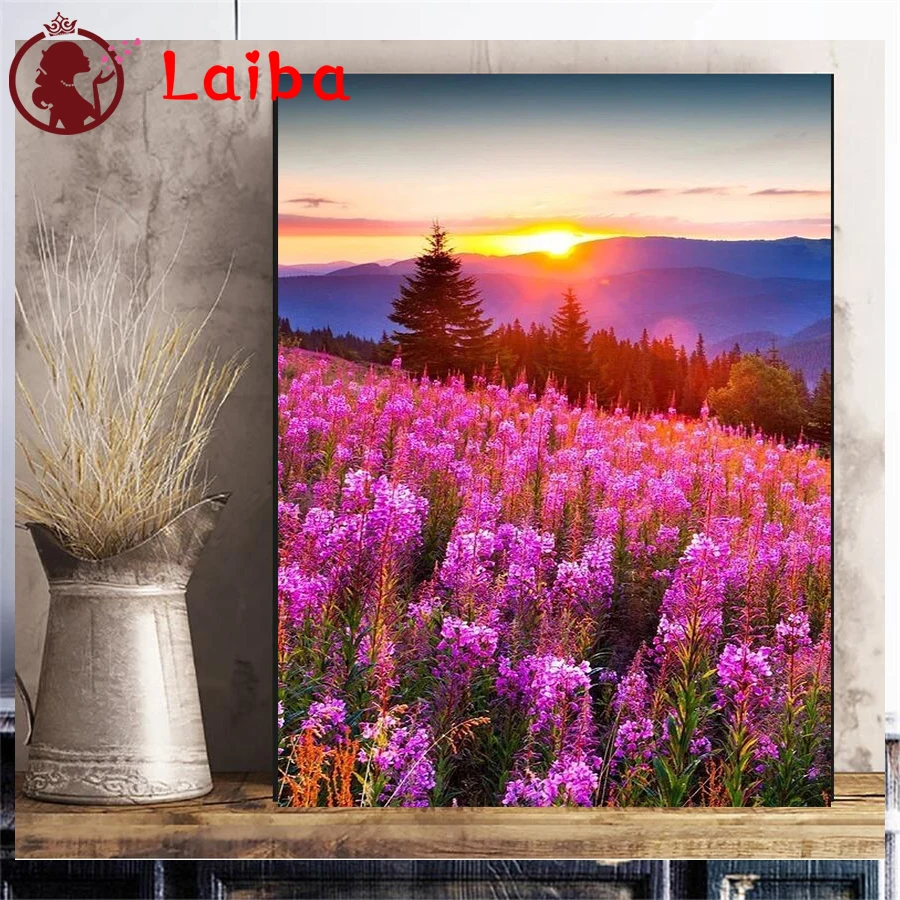 5d Diy Diamond Painting Lavender flower sea sunset scenery full square drill,full round diamond embroidery mosaic home decor